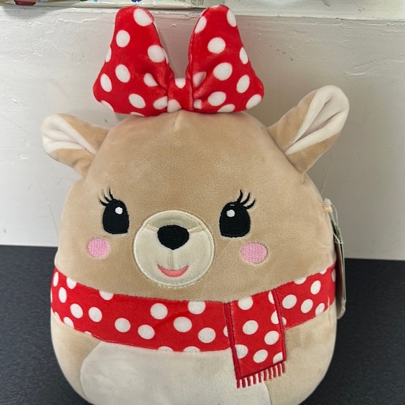 Squishmellow clarice Tan and Red Plush Reindeer with Polka Dot Bow - Picture 1 of 2